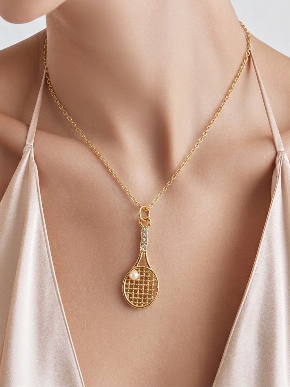 Gold Tennis Racket Pendant Necklace Crystal & Pearl Tennis Jewelry Gift Sporty